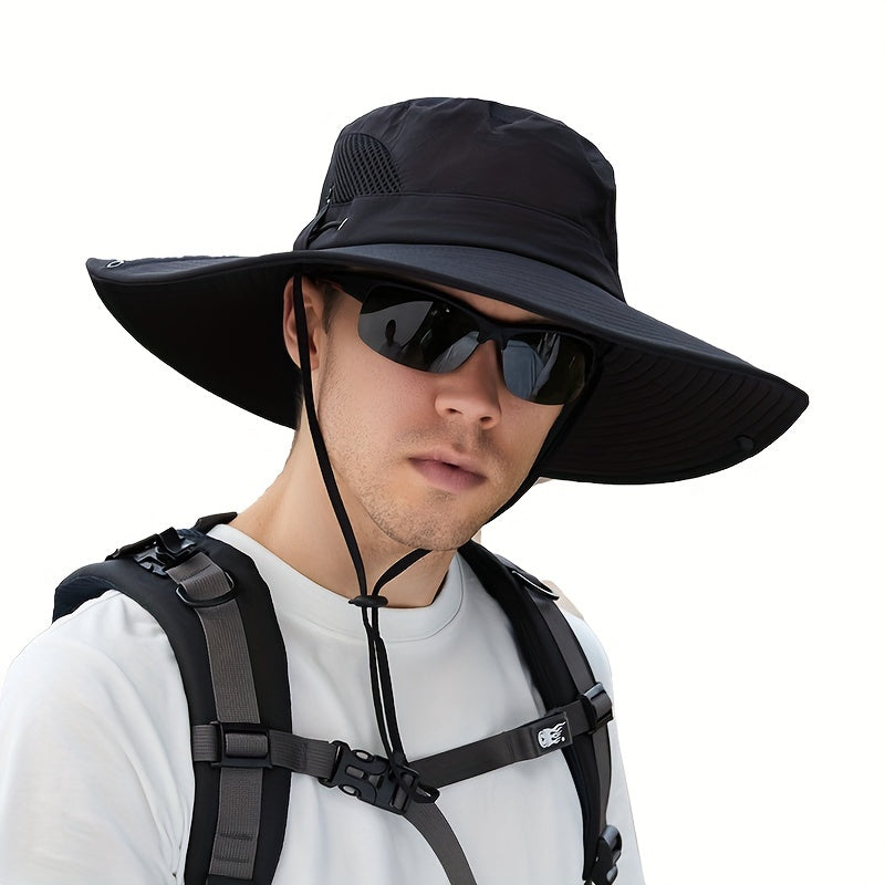 Breathable Mesh Sides Wide Brim Bucket Hat With Chin Strap