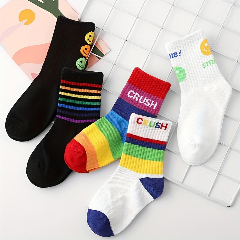 5 Pairs Kids Rainbow Crew Socks for Autumn Winter