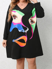 Colorblock Abstract Figure Print Long Sleeve V Neck Dress