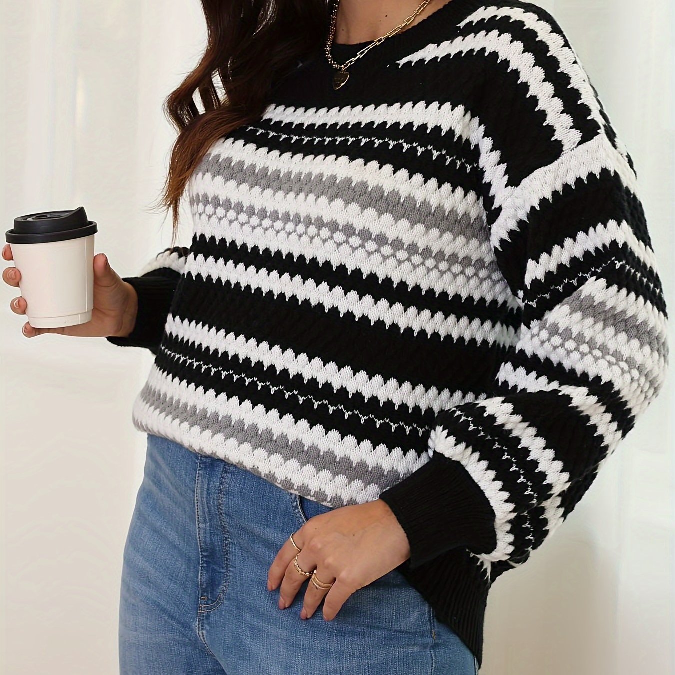 Striped Long Sleeve Sweater Round Neck Jumper