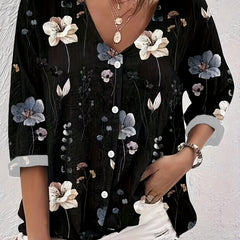 Plus Floral Print V-Neck Blouse