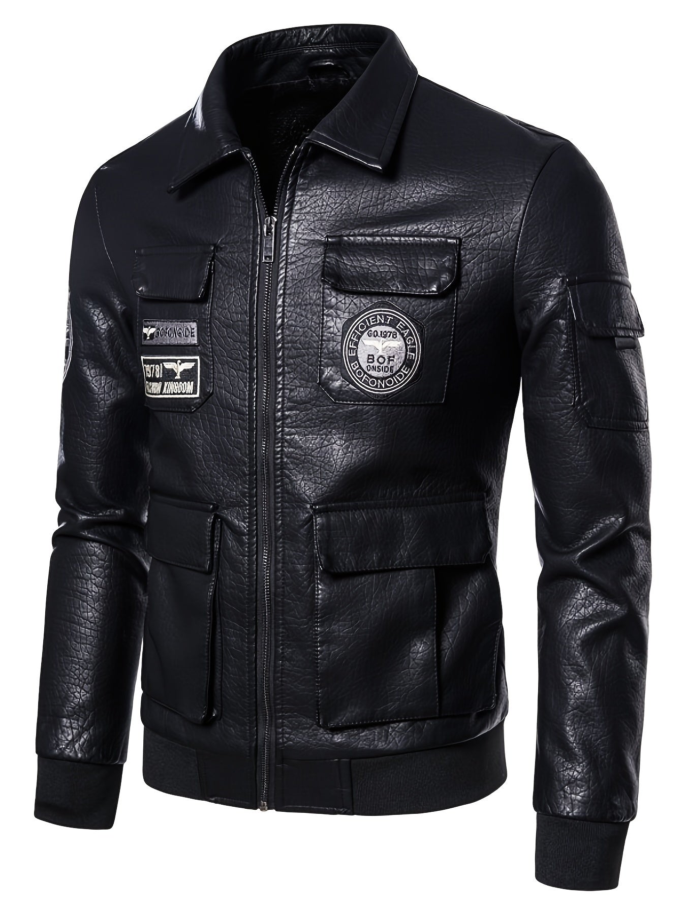 Embroidery Pocket PU Jacket Men's Casual Zip Up Faux Leather Jacket