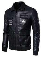 Embroidery Pocket PU Jacket Men's Casual Zip Up Faux Leather Jacket