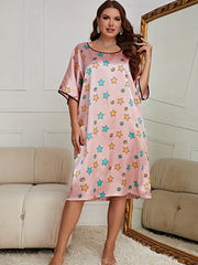 Nightgown Women's Plus Star Print Half Sleeve Satin Sleep Dress