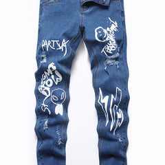 Boys Graffiti Ripped Jeans Skinny Slim Fit Denim Pants