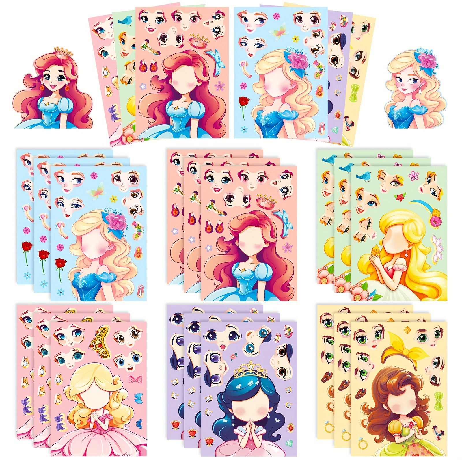 6pcs Princess Face Changing Stickers Cartoon Puzzle Stickers