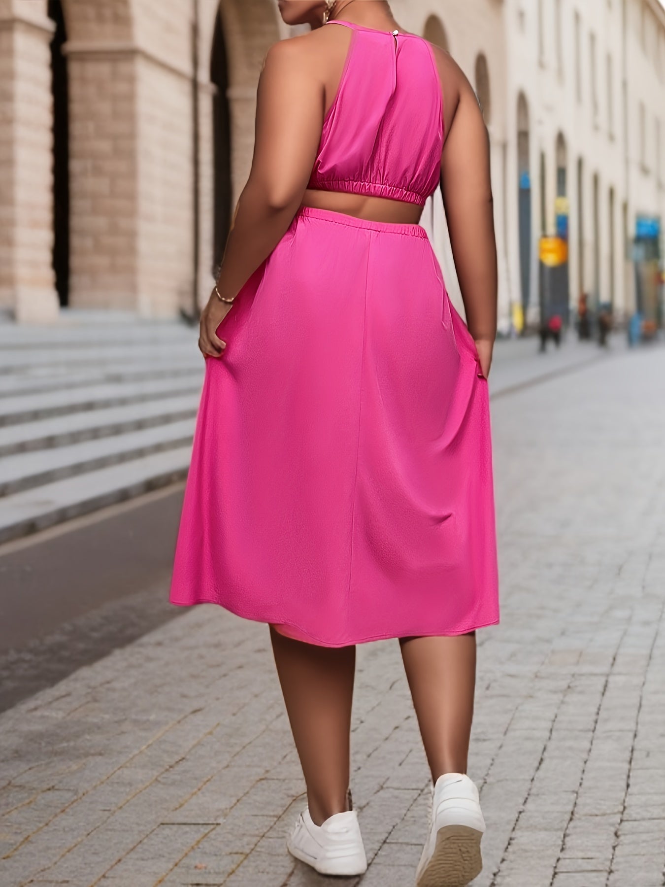 Solid Cut Out Halter Neck Cami Dress