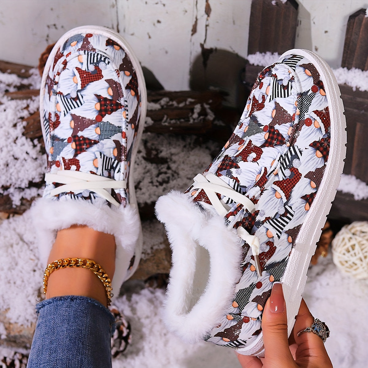 Christmas Style Snow Boots Santa Claus Pattern Plush Comfort Flats