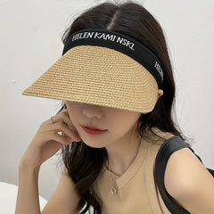 Straw Ponytail Visor Hat Wide Brim UV Protection Sun Hat