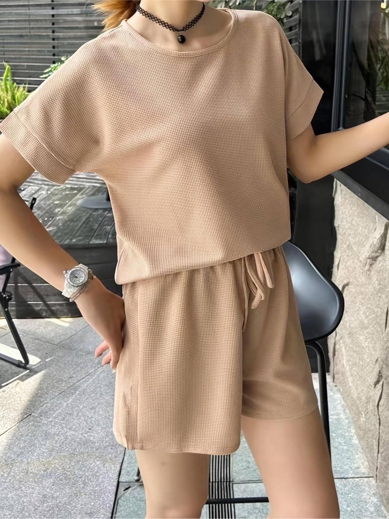 Casual Matching Two piece Set Short Sleeve T shirt & Drawstring Basic Shorts