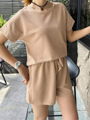 Casual Matching Two piece Set Short Sleeve T shirt & Drawstring Basic Shorts