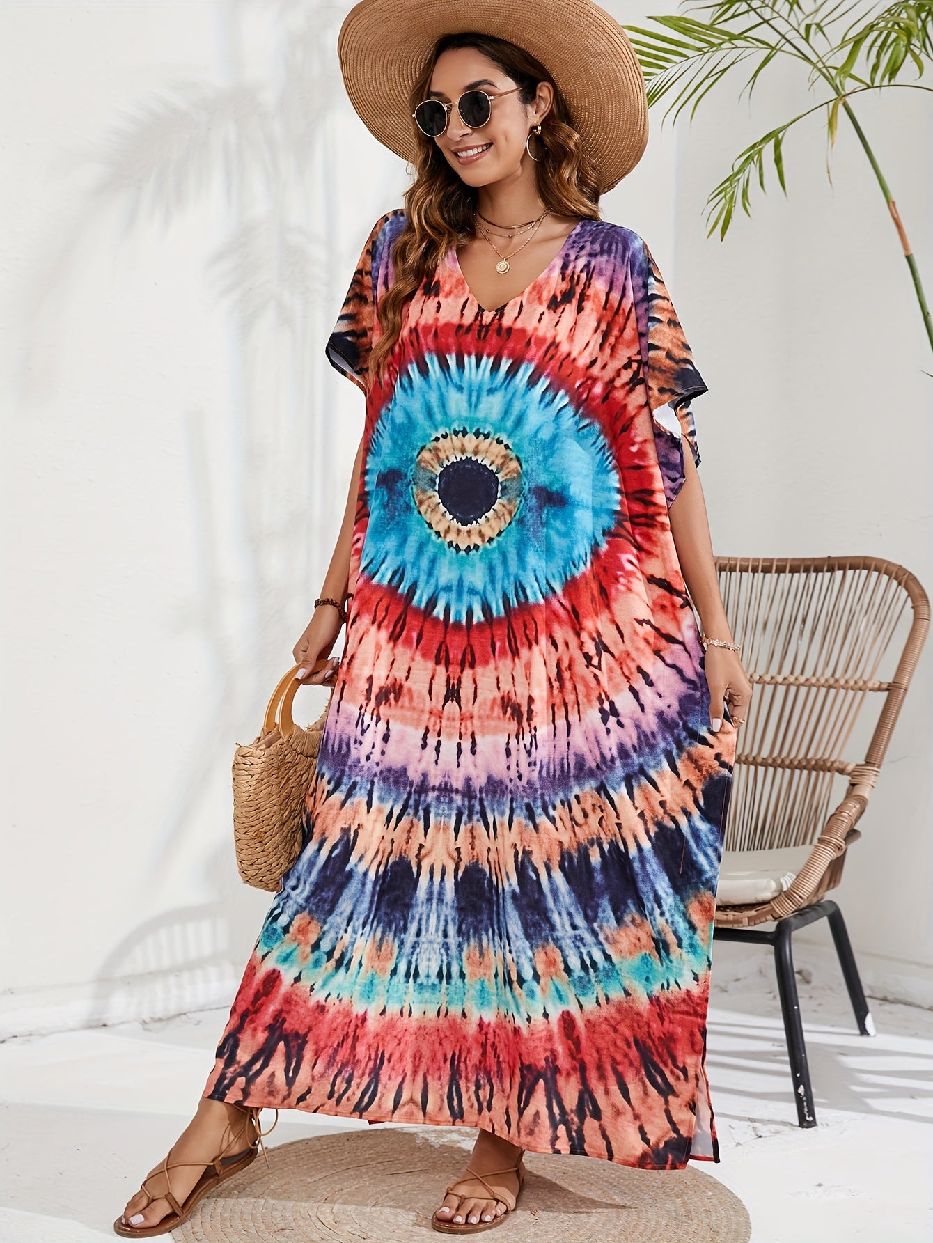 Boho Cover Up Plus Size Spiral Tie Dye Maxi Beach Dress