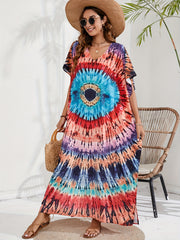Boho Cover Up Plus Size Spiral Tie Dye Maxi Beach Dress