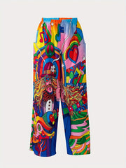Cartoon Print Patch Pocket Pants Boho Pants For Spring & Fall Women's Clothing
