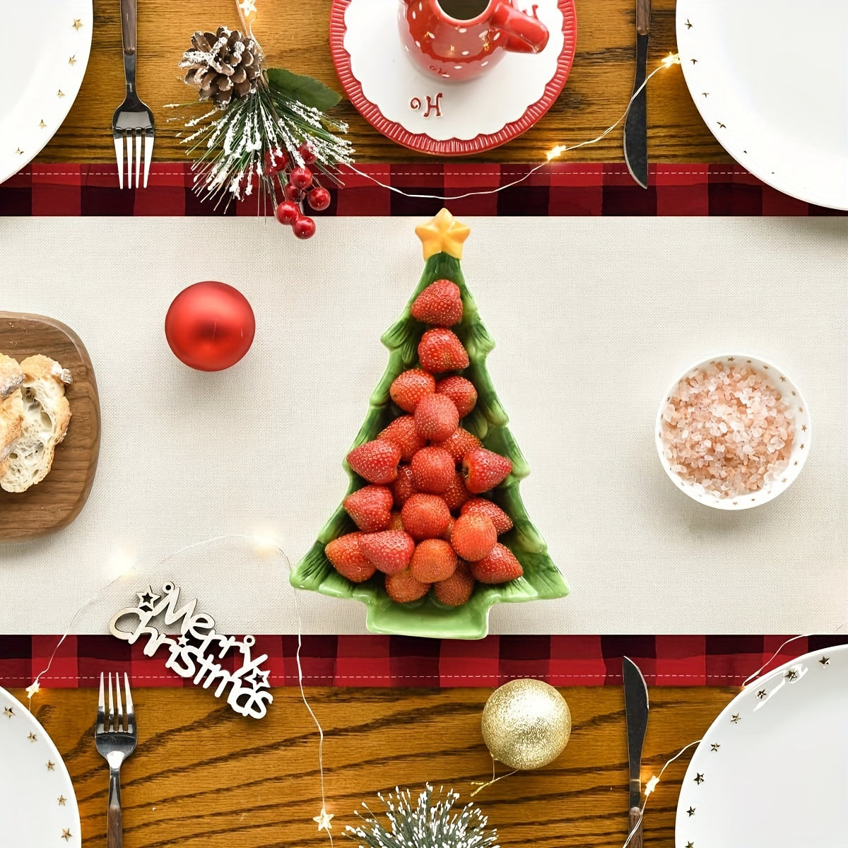Linen Merry Christmas Table Runner Christmas Tree Print Holiday Decor