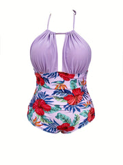 Sexy Swimsuit Women's Tropical Print Backless Halter One Piece