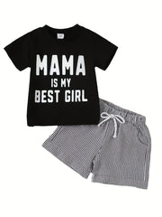Boys Casual Mama Is My Girl T Shirt & Striped Shorts Set for Summer