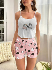 Cow Print Pajama Set: Cami Top & Shorts