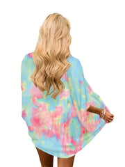 Tie Dye Cover Up Shirt V Neck Loose Fit Long Sleeves Beachwear Cardigans