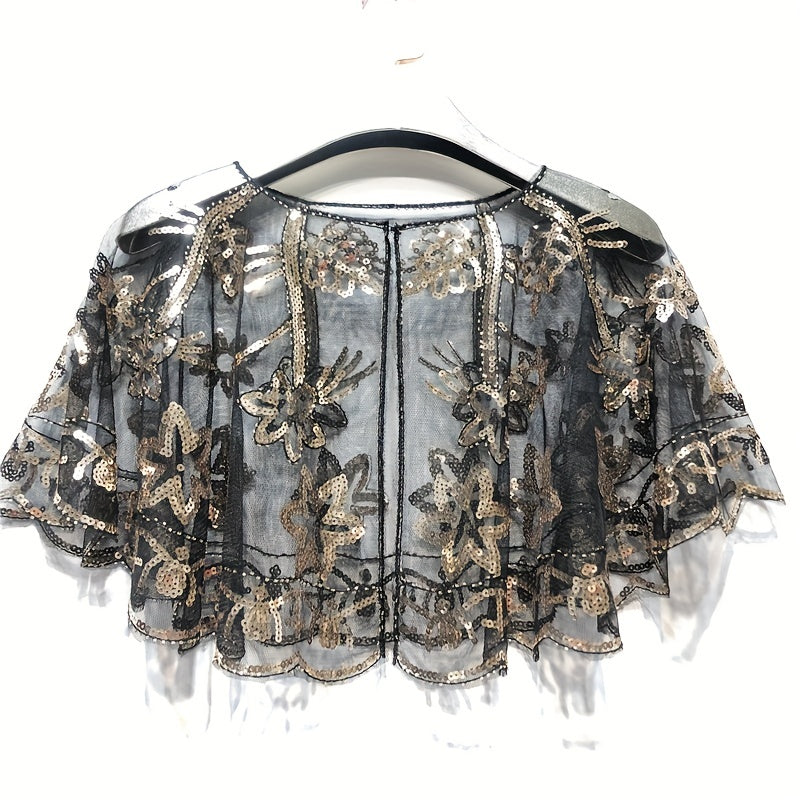 Vintage Sequin Embroidery Shawl Ruffles Cape