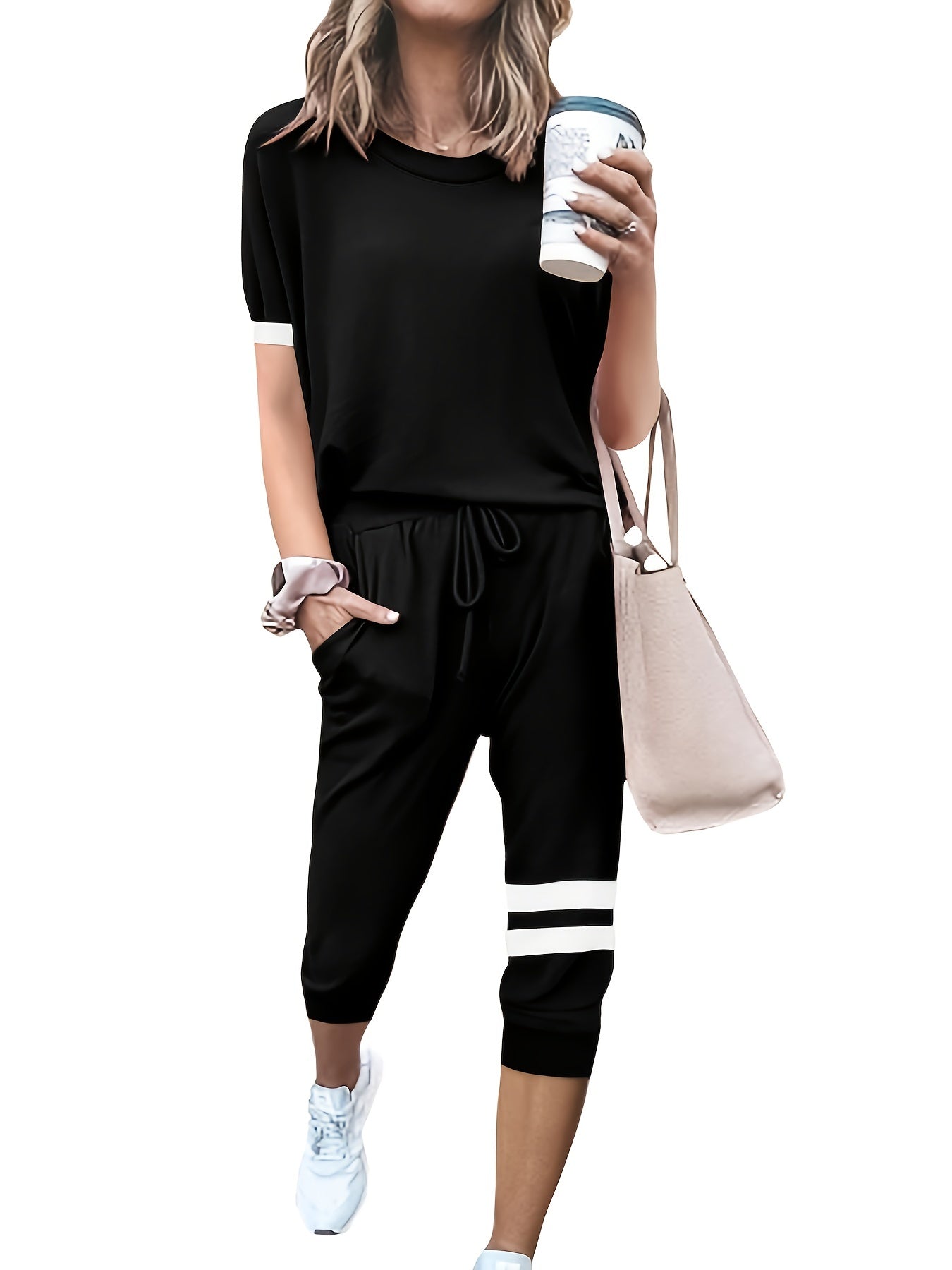 Casual Two-Piece Set Crew Neck Long Sleeve Tops & Drawstring Striped Pants