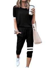 Casual Two-Piece Set Crew Neck Long Sleeve Tops & Drawstring Striped Pants