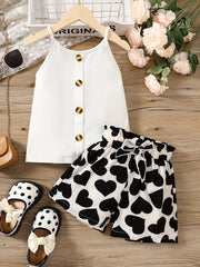 2pcs Girls Button Cami Top & Floral Shorts Set Kids Summer Clothes