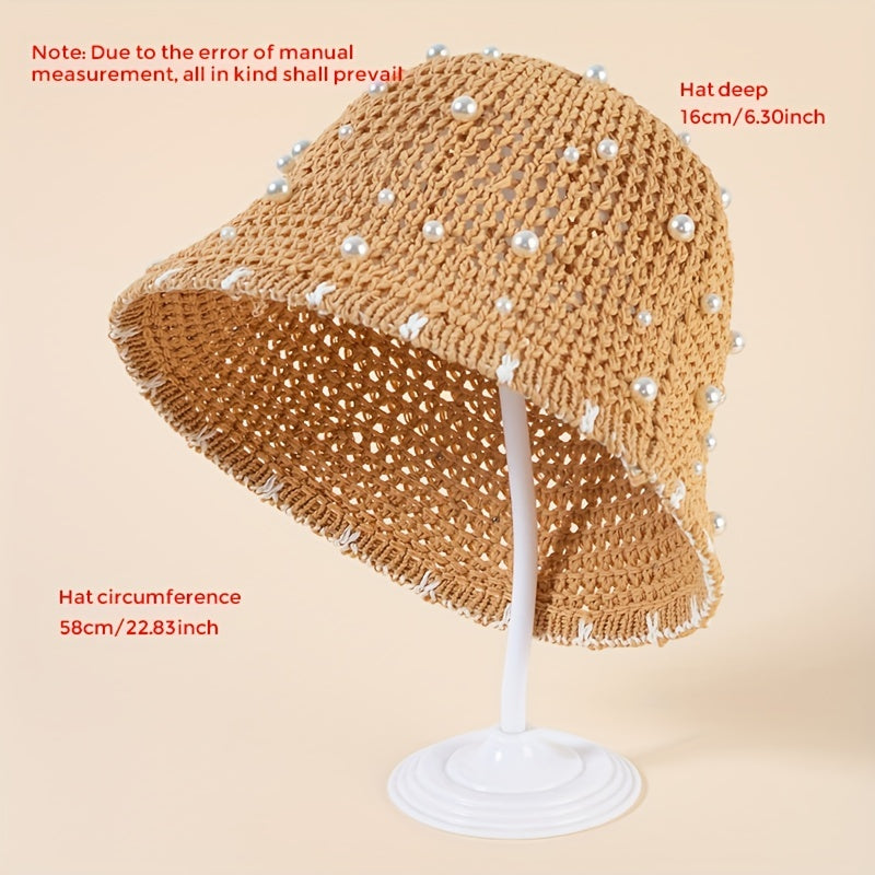 Faux Pearl Decor Bucket Hat Brown Hollow Out Basin Hat Crochet Breathable Cloche