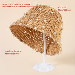 Faux Pearl Decor Bucket Hat Brown Hollow Out Basin Hat Crochet Breathable Cloche