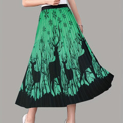 Deer Print Pleated Midi Skirt A Line Boho Style