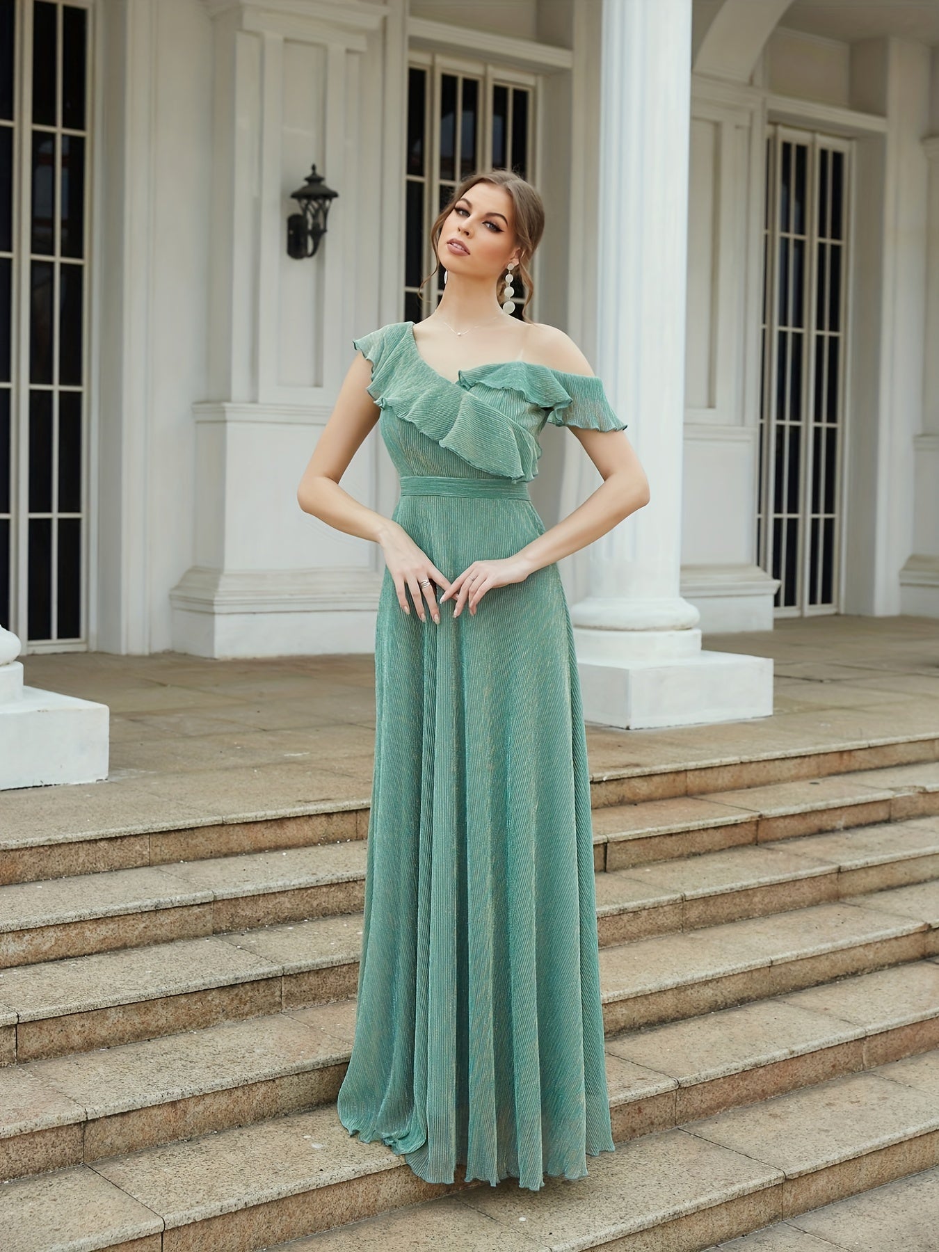 One Shoulder Ruffle Trim Bridesmaid Dress Maxi for Wedding Party