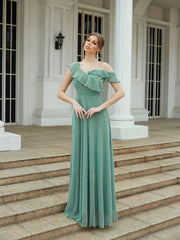 One Shoulder Ruffle Trim Bridesmaid Dress Maxi for Wedding Party