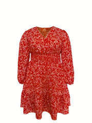 Plus Size Ditsy Floral Print Waist Lantern Sleeve Mini A line Dress