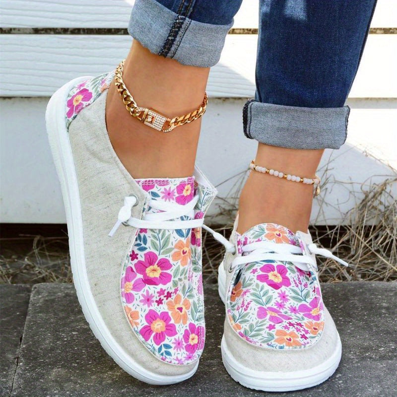 Floral Print Loafers Lace Up Canvas Shoes