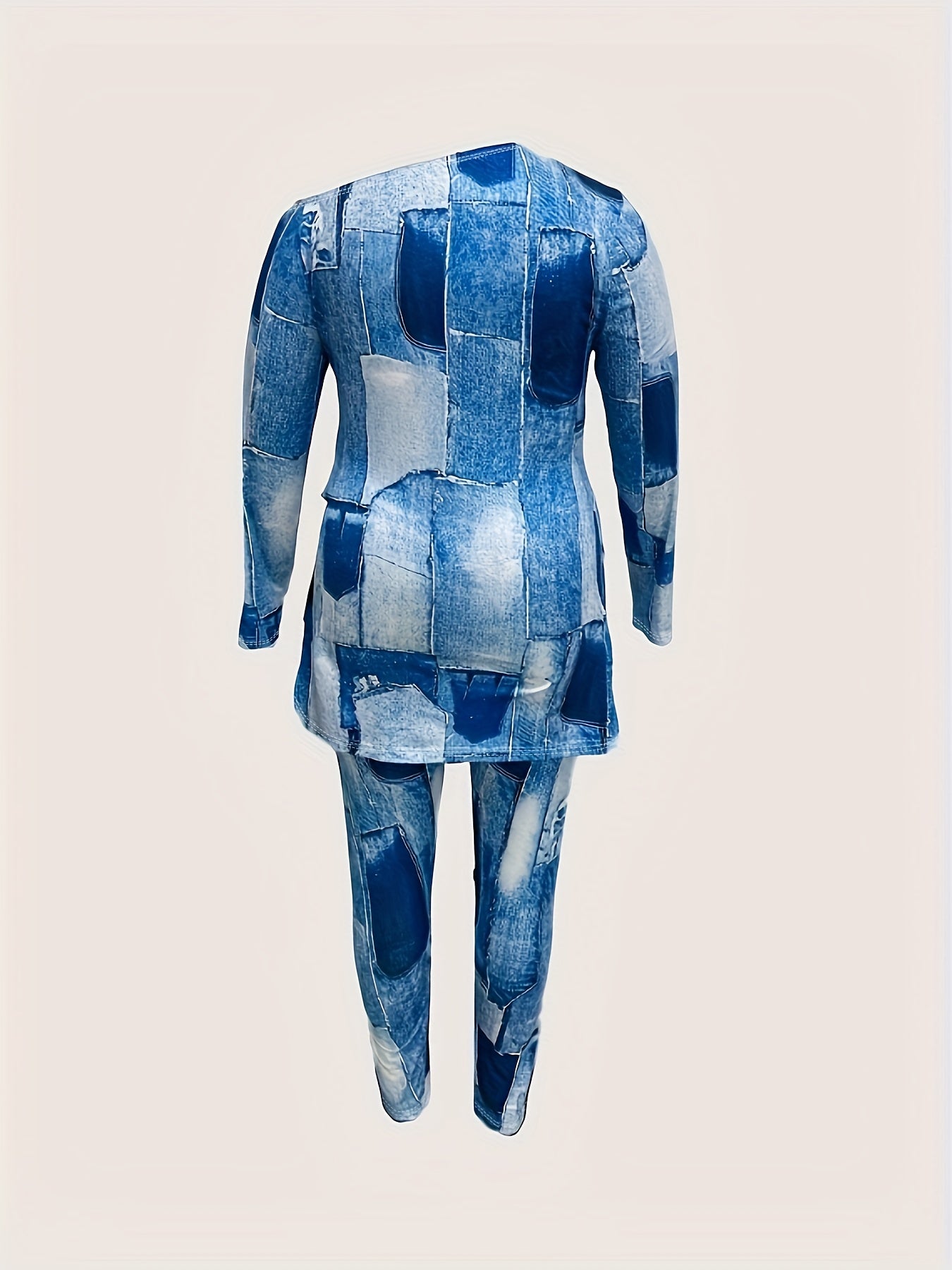 Denim Print One Shoulder Top & Leggings Outfit Set