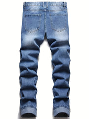 Men Embroidered Ripped Slim Straight Jeans