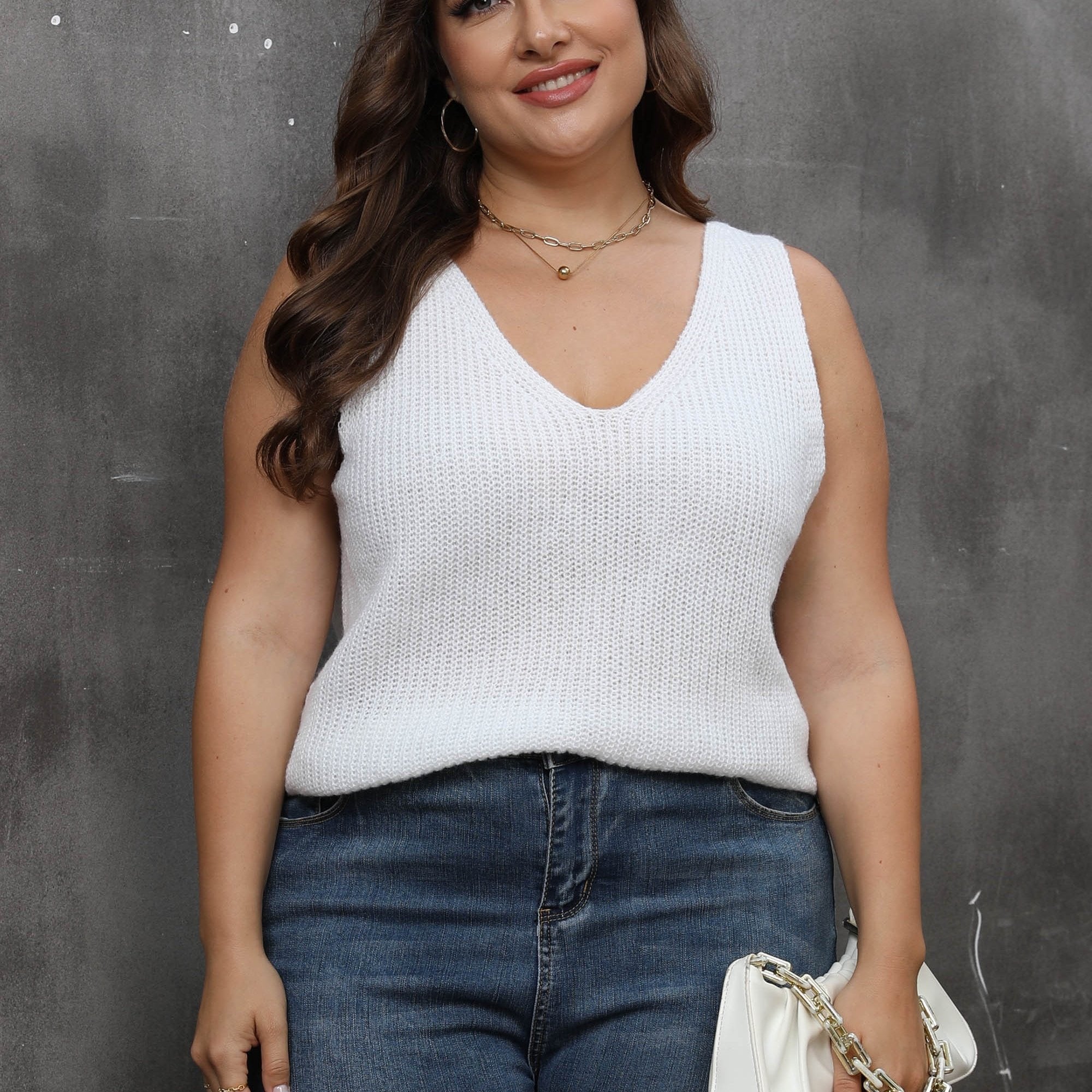 Sexy Knit Top Women's Plus Solid V Neck Twist Back Slight Stretch