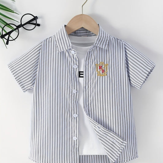 Boys Striped Casual Short Sleeve Lapel Shirt for Summer