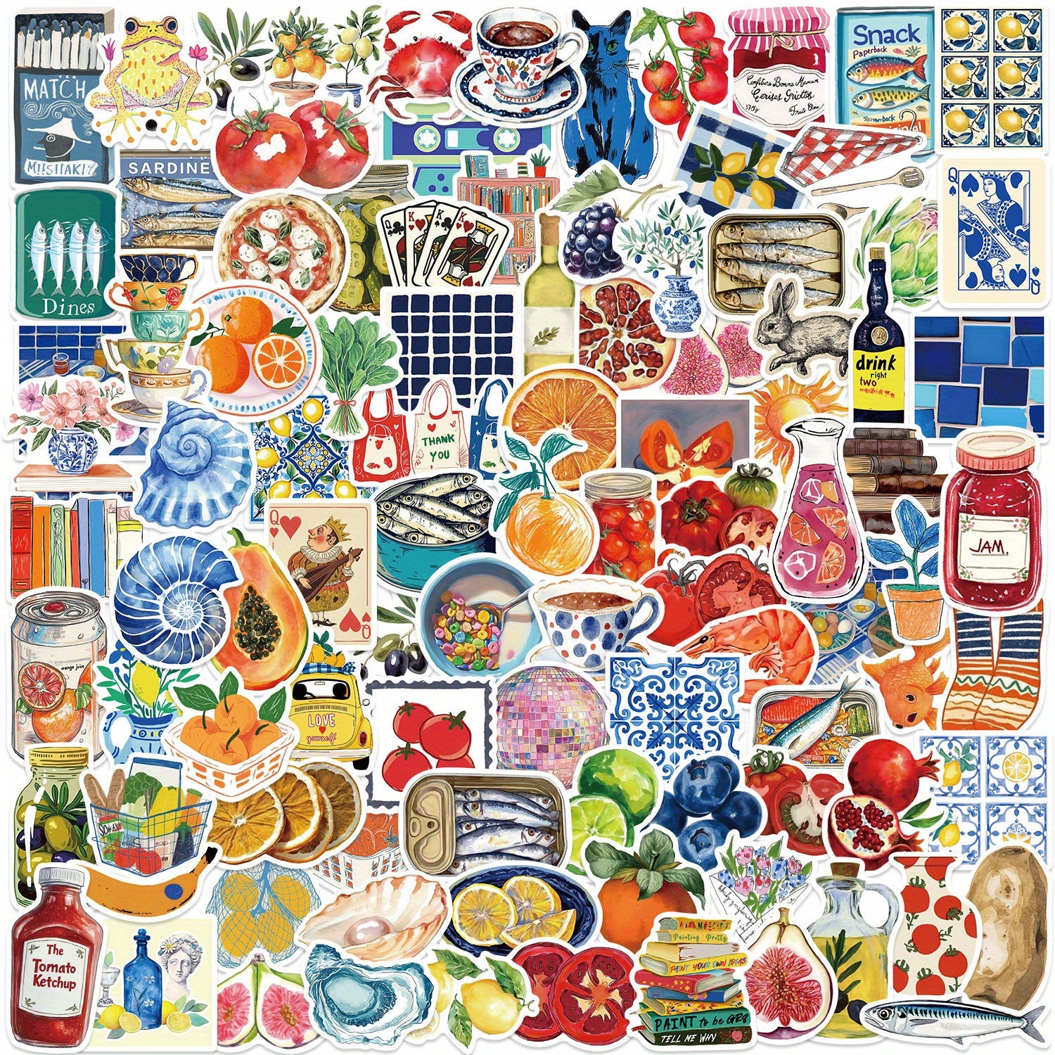 100pcs Mediterranean Food & Sea Life Cartoon Stickers Reusable Vinyl Decals
