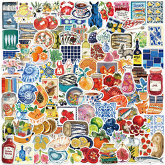 100pcs Mediterranean Food & Sea Life Cartoon Stickers Reusable Vinyl Decals