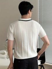 Knit Short Sleeve Polo V-Neck Button-Up Casual Top Men's Tee