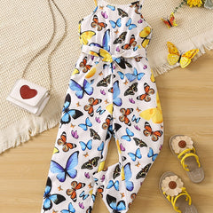 Toddler Girls Butterfly Graphic Belted Cami Rompers Wide Leg Jumpsuits