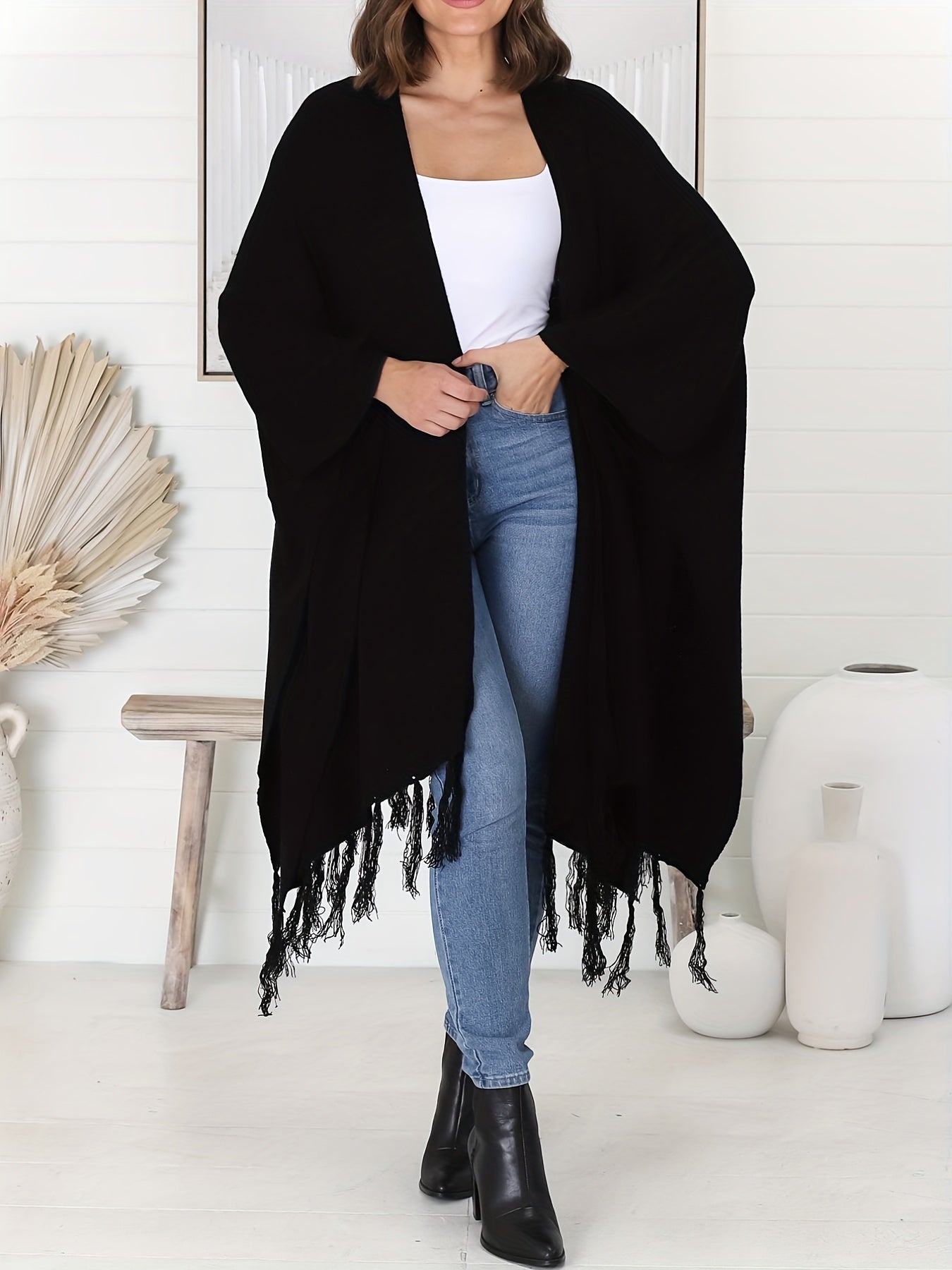 Fringe Trim Open Front Cardigan