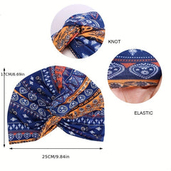 Boho Print Pleated Turban Hat Striped Head Wrap Cross Knot Stretchy Hijab Beanie