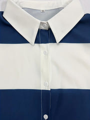 Colorblock Stripe Print Button Up Long Sleeve Blouse