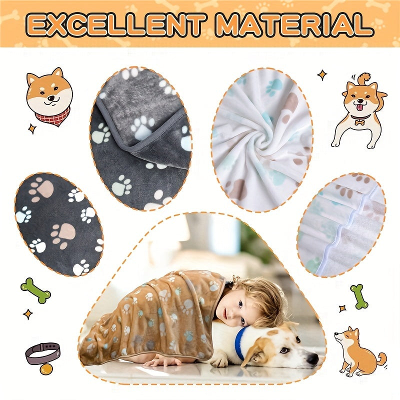 Soft Warm Dog Blanket Grey Paw Pattern Fluffy Mat for Dogs Cats