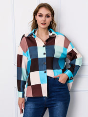 Colorblock Grid Print Long Sleeve Blouse