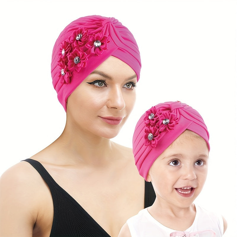 2pcs Flower Decor Turban Cap Bowknot Head Wrap Hijab Cap