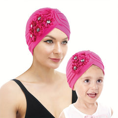 2pcs Flower Decor Turban Cap Bowknot Head Wrap Hijab Cap