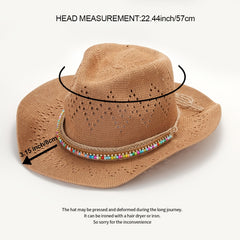Hollow Crochet Straw Sun Hat Western Style Cowboy Hat Beads Band Decor